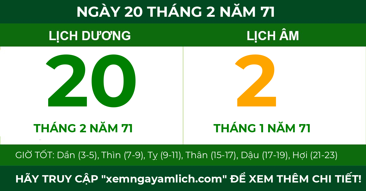 lịch âm ngày 20 tháng 2 năm 71