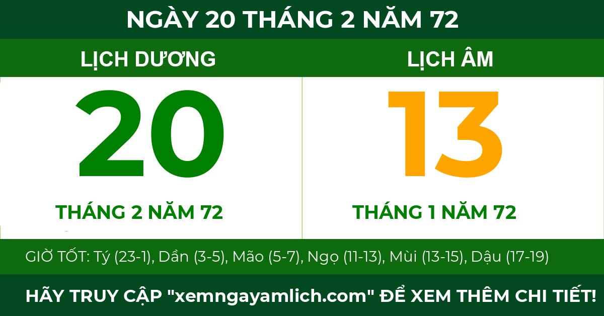 lịch âm ngày 20 tháng 2 năm 72