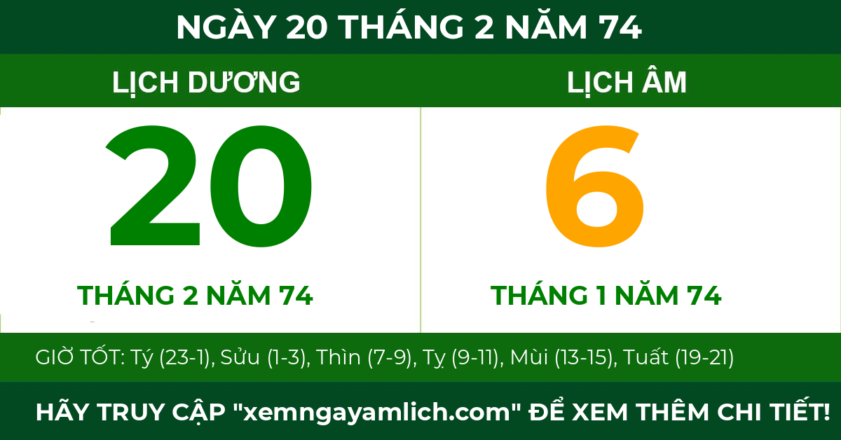 lịch âm ngày 20 tháng 2 năm 74