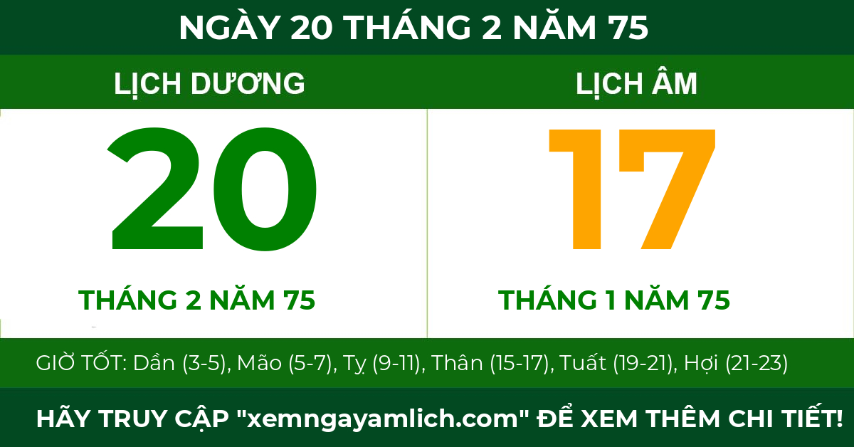 lịch âm ngày 20 tháng 2 năm 75