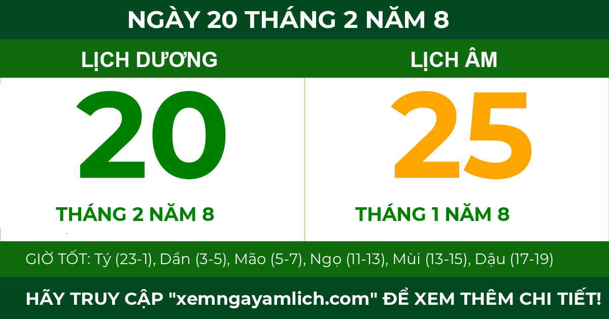 lịch âm ngày 20 tháng 2 năm 8