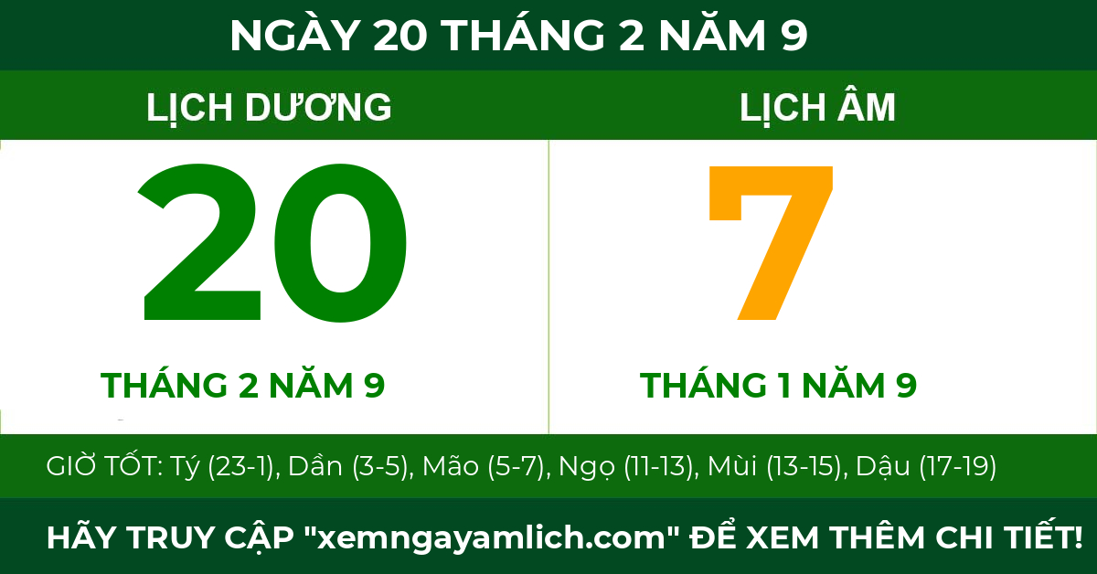 lịch âm ngày 20 tháng 2 năm 9