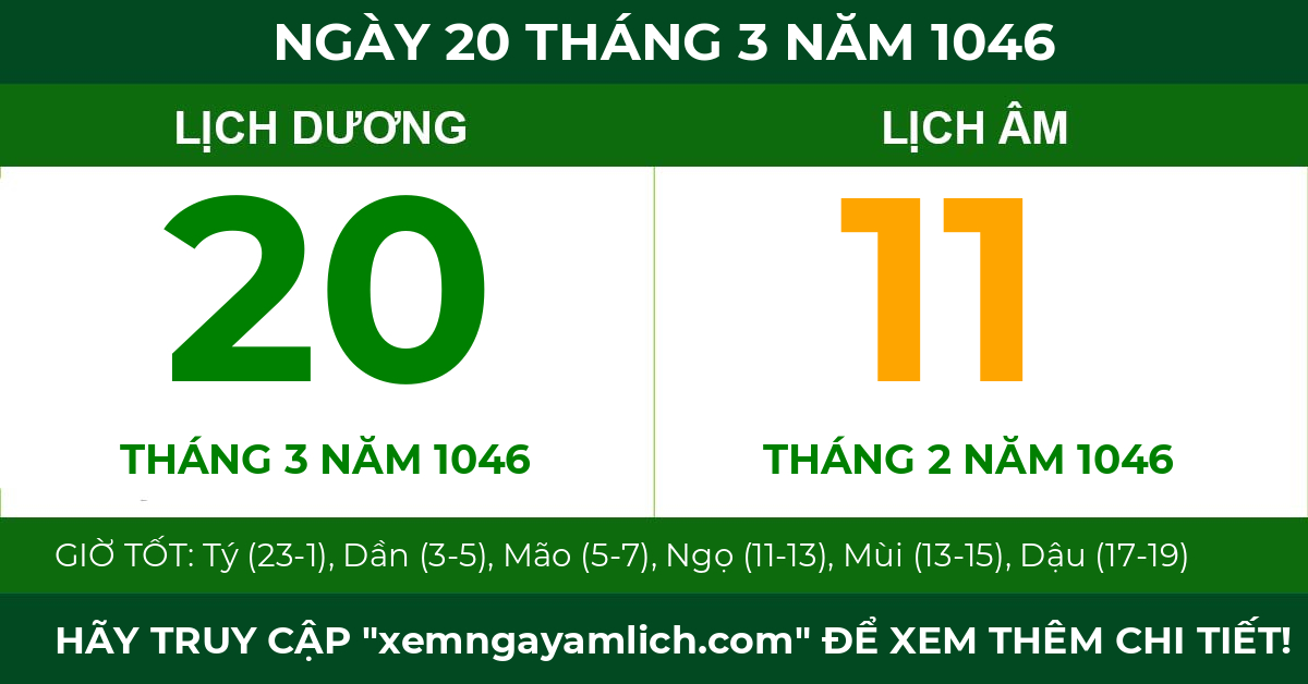 lịch âm ngày 20 tháng 3 năm 1046