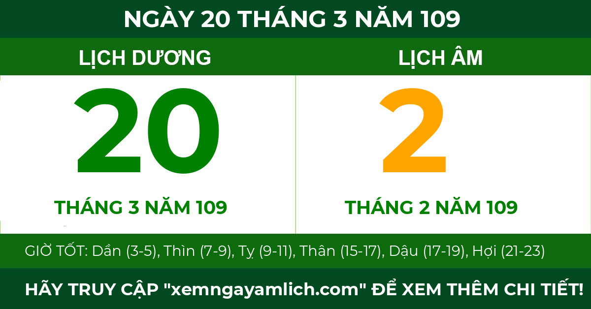 lịch âm ngày 20 tháng 3 năm 109