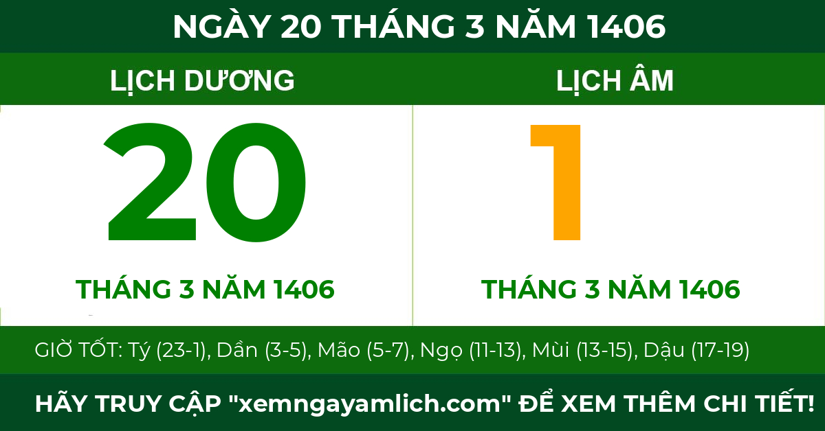 lịch âm ngày 20 tháng 3 năm 1406
