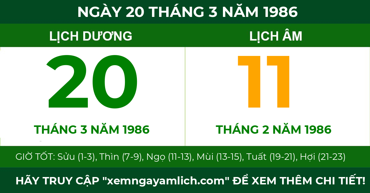 lịch âm ngày 20 tháng 3 năm 1986