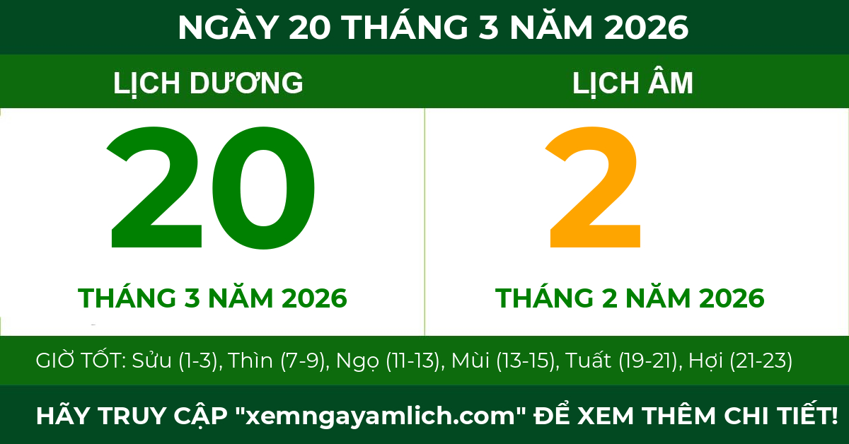 lịch âm ngày 20 tháng 3 năm 2026
