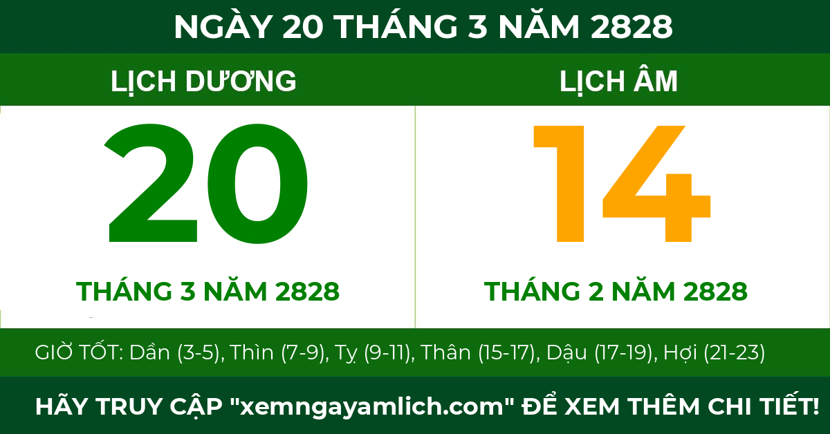 lịch âm ngày 20 tháng 3 năm 2828