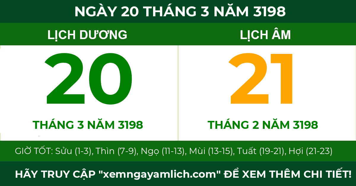 lịch âm ngày 20 tháng 3 năm 3198