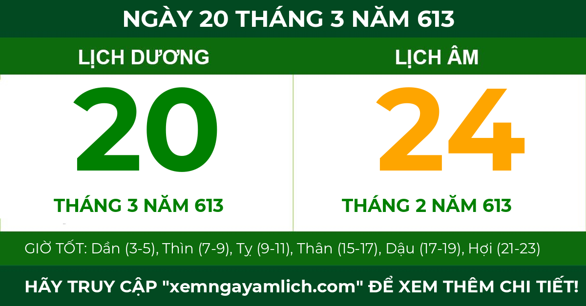 lịch âm ngày 20 tháng 3 năm 613