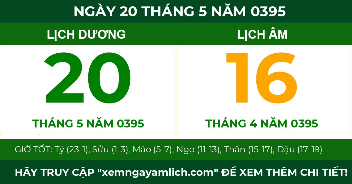 lịch âm ngày 20 tháng 5 năm 0395