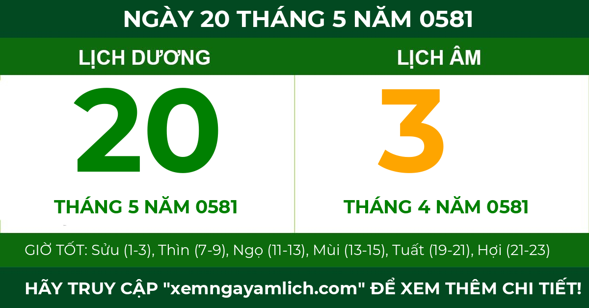 lịch âm ngày 20 tháng 5 năm 0581