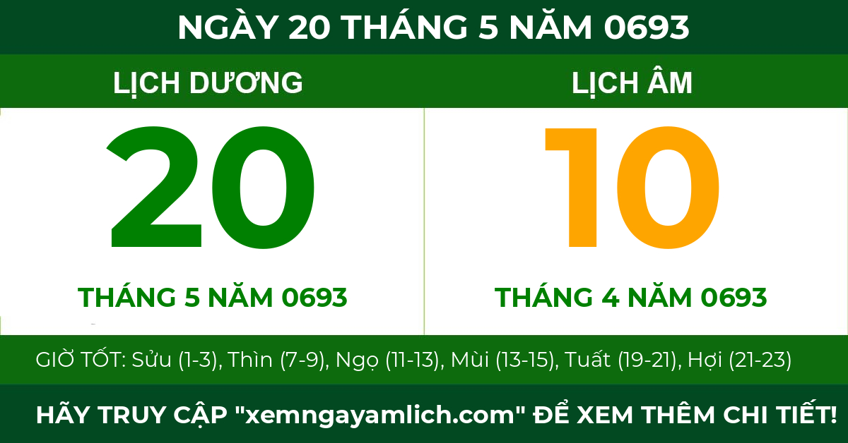 lịch âm ngày 20 tháng 5 năm 0693
