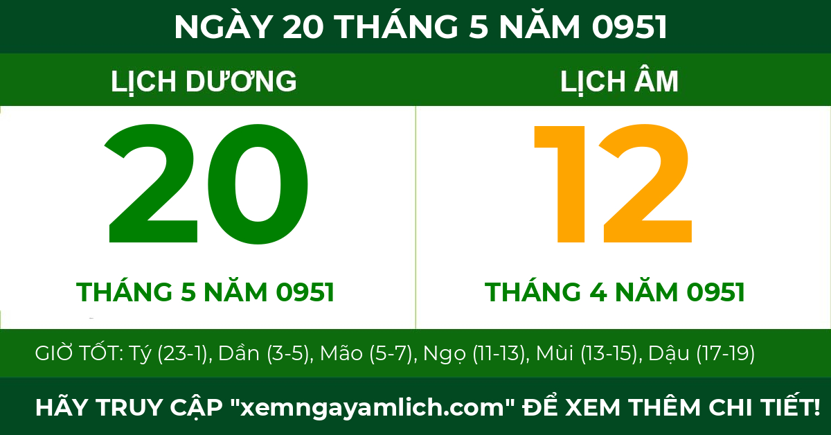 lịch âm ngày 20 tháng 5 năm 0951