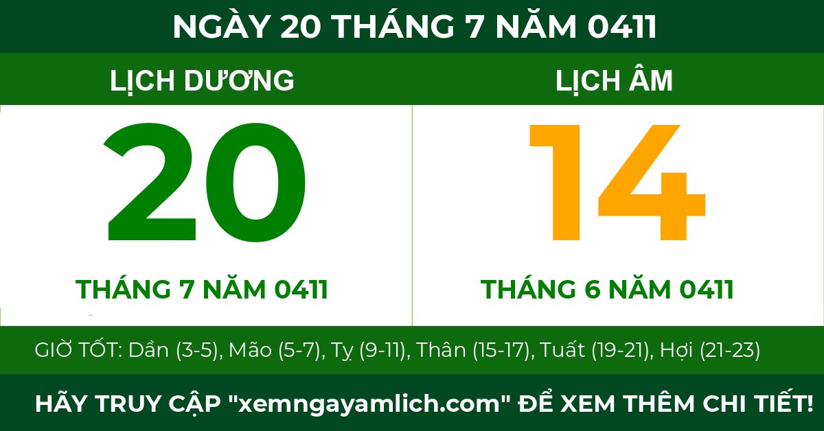 lịch âm ngày 20 tháng 7 năm 0411