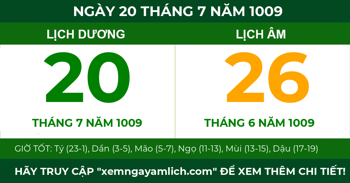 lịch âm ngày 20 tháng 7 năm 1009