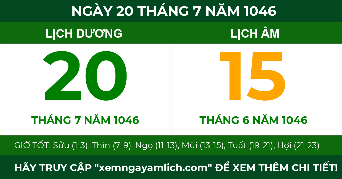 lịch âm ngày 20 tháng 7 năm 1046