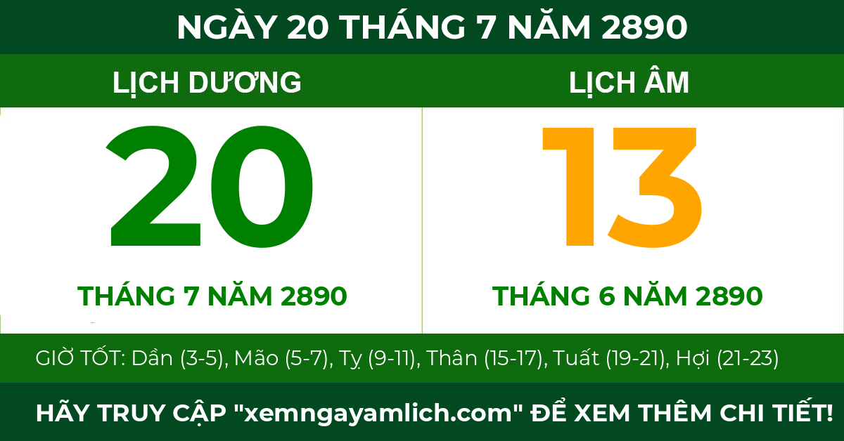 lịch âm ngày 20 tháng 7 năm 2890