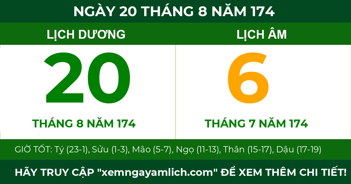 lịch âm ngày 20 tháng 8 năm 174