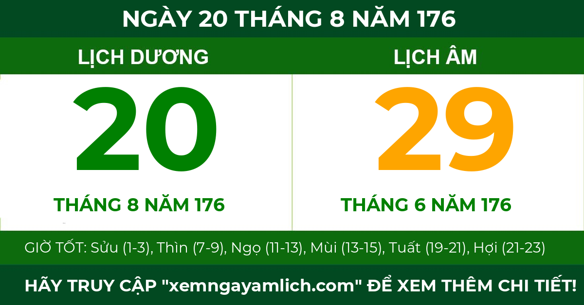 lịch âm ngày 20 tháng 8 năm 176
