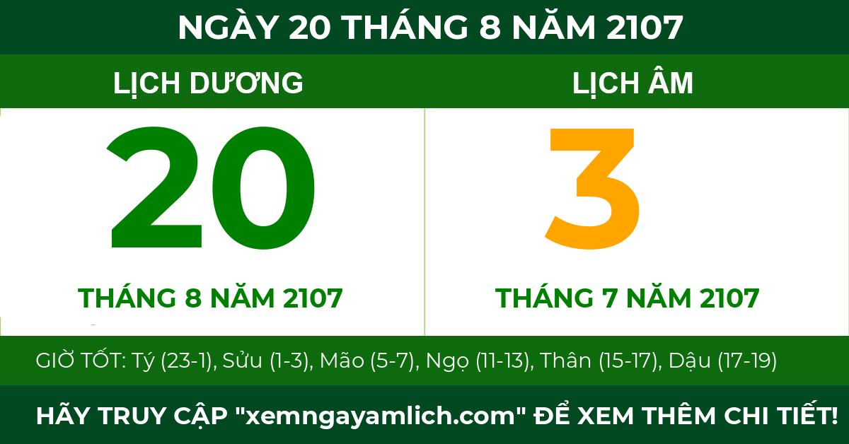 lịch âm ngày 20 tháng 8 năm 2107