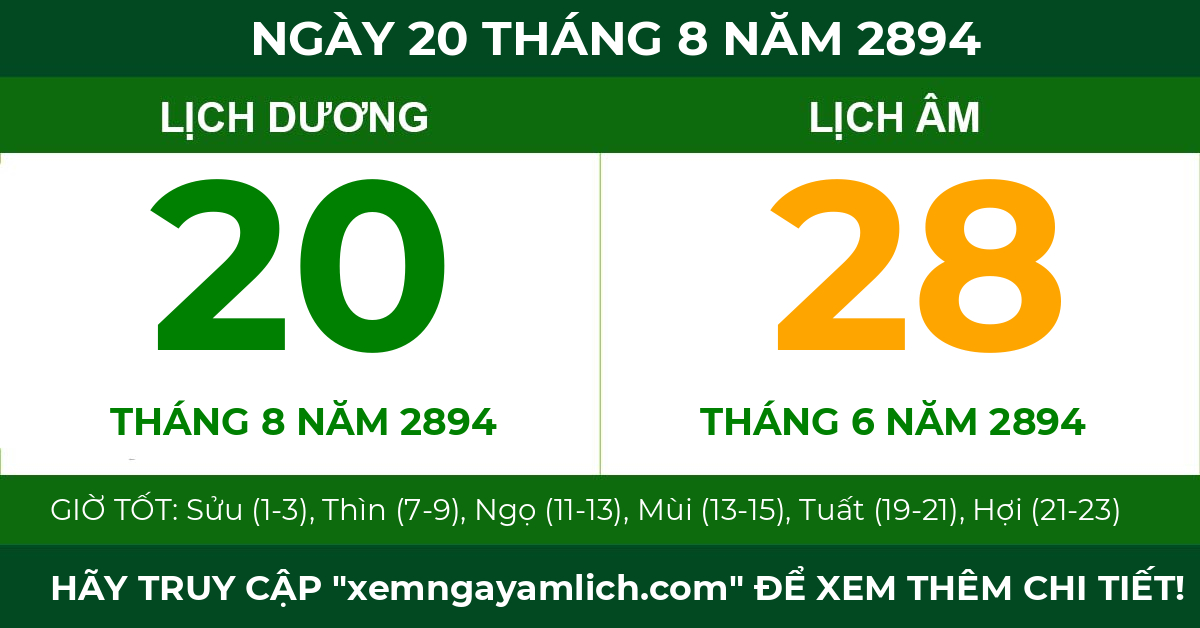 lịch âm ngày 20 tháng 8 năm 2894