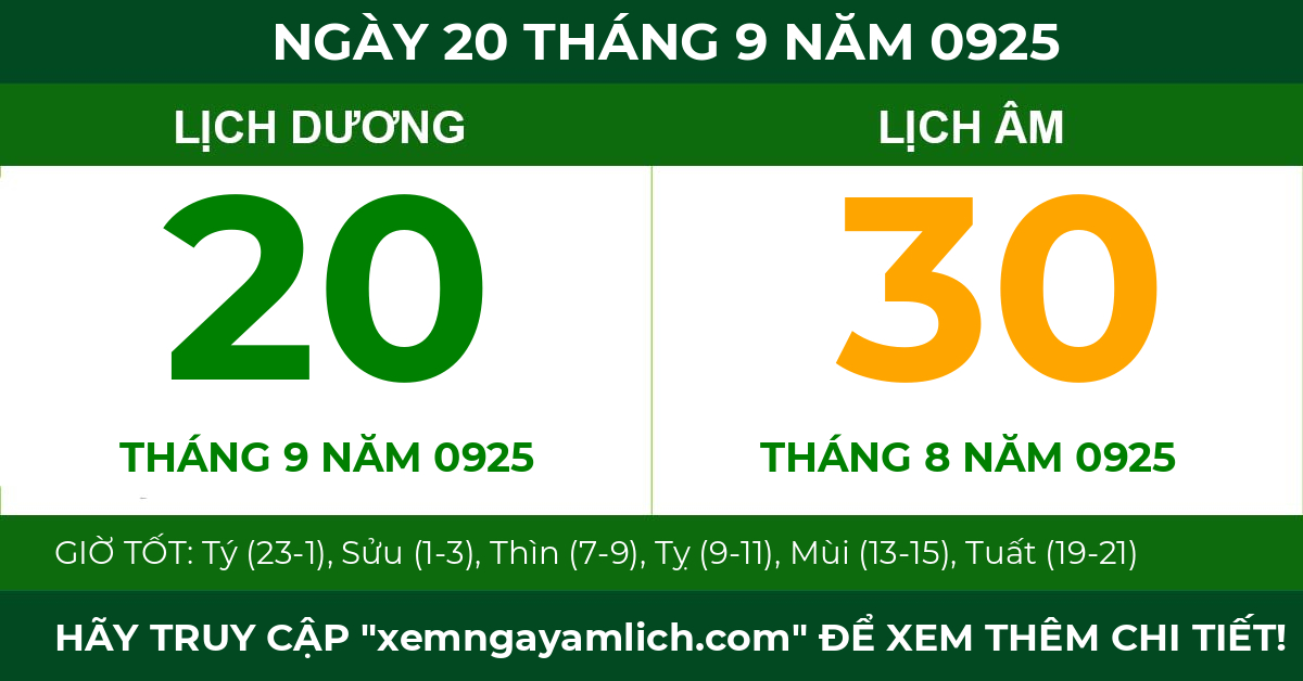 lịch âm ngày 20 tháng 9 năm 0925