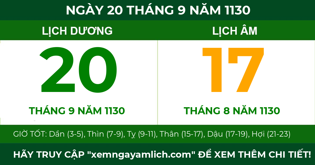 lịch âm ngày 20 tháng 9 năm 1130