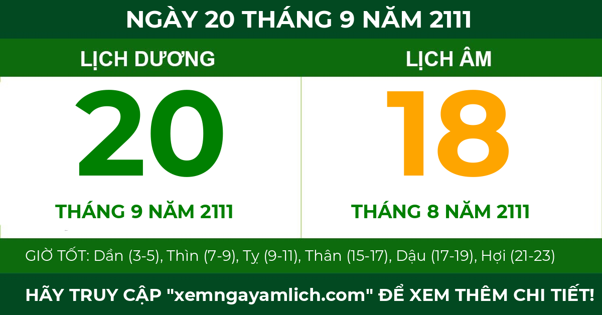 lịch âm ngày 20 tháng 9 năm 2111