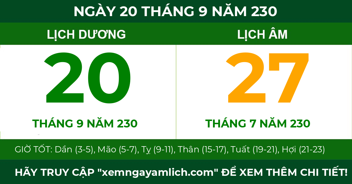 lịch âm ngày 20 tháng 9 năm 230