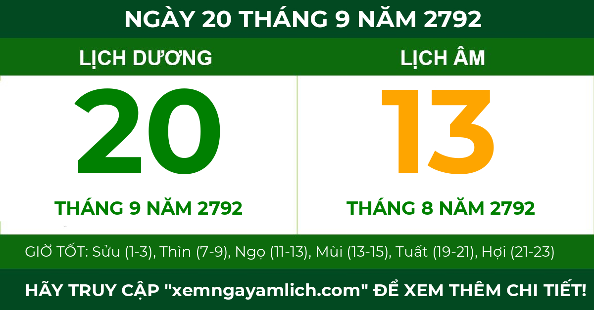 lịch âm ngày 20 tháng 9 năm 2792