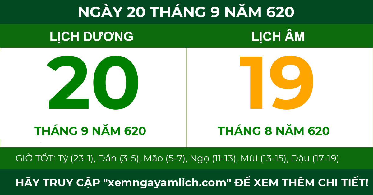 lịch âm ngày 20 tháng 9 năm 620
