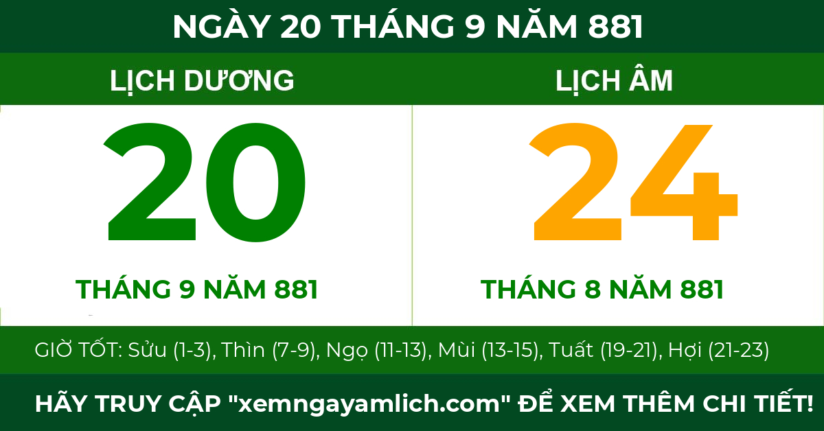 lịch âm ngày 20 tháng 9 năm 881