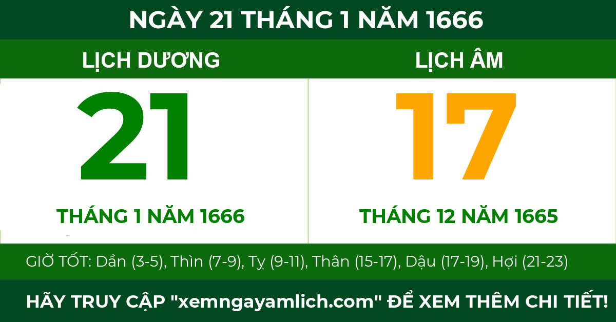 lịch âm ngày 21 tháng 1 năm 1666