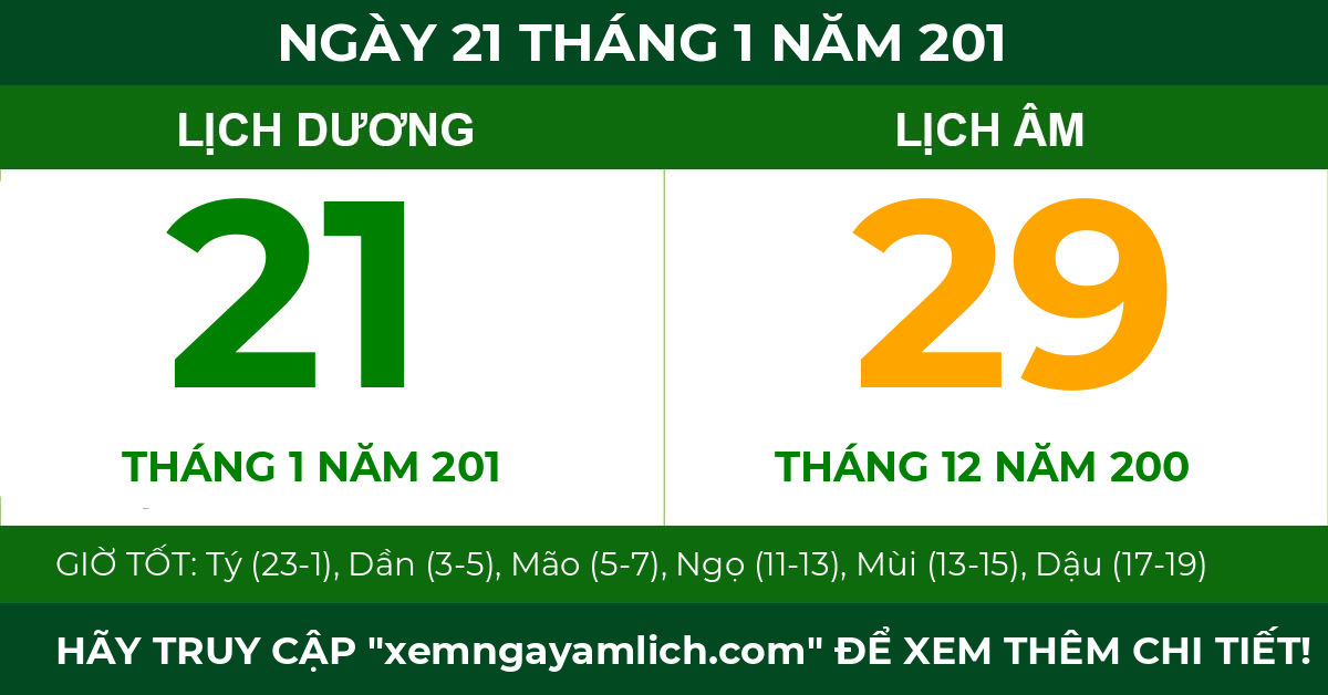 lịch âm ngày 21 tháng 1 năm 201