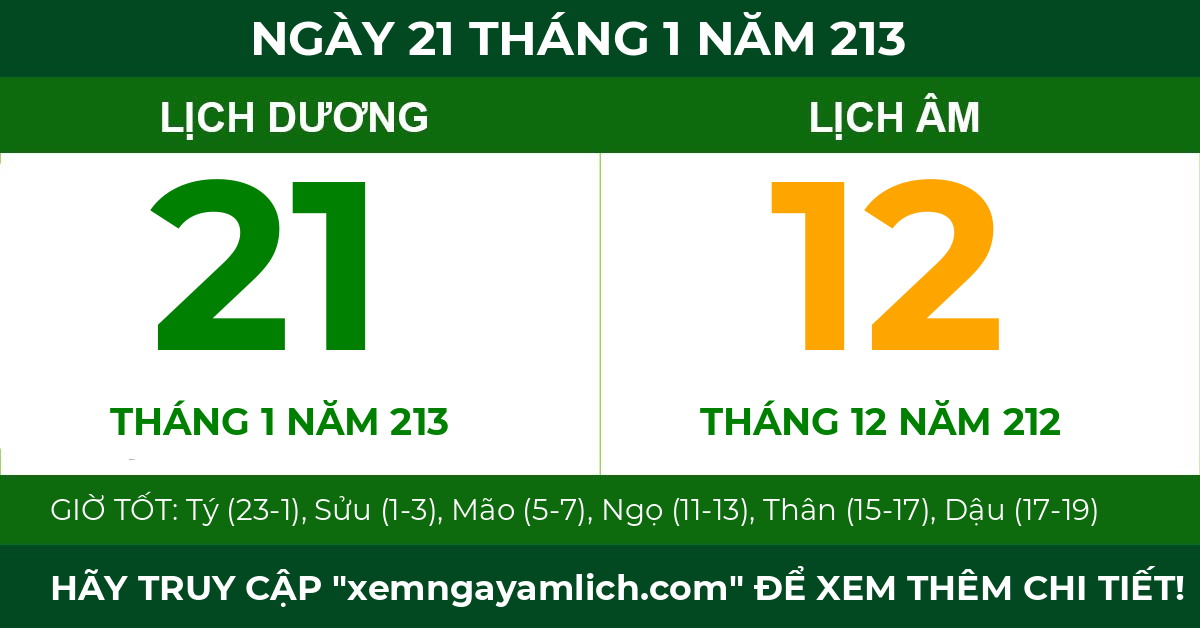 lịch âm ngày 21 tháng 1 năm 213