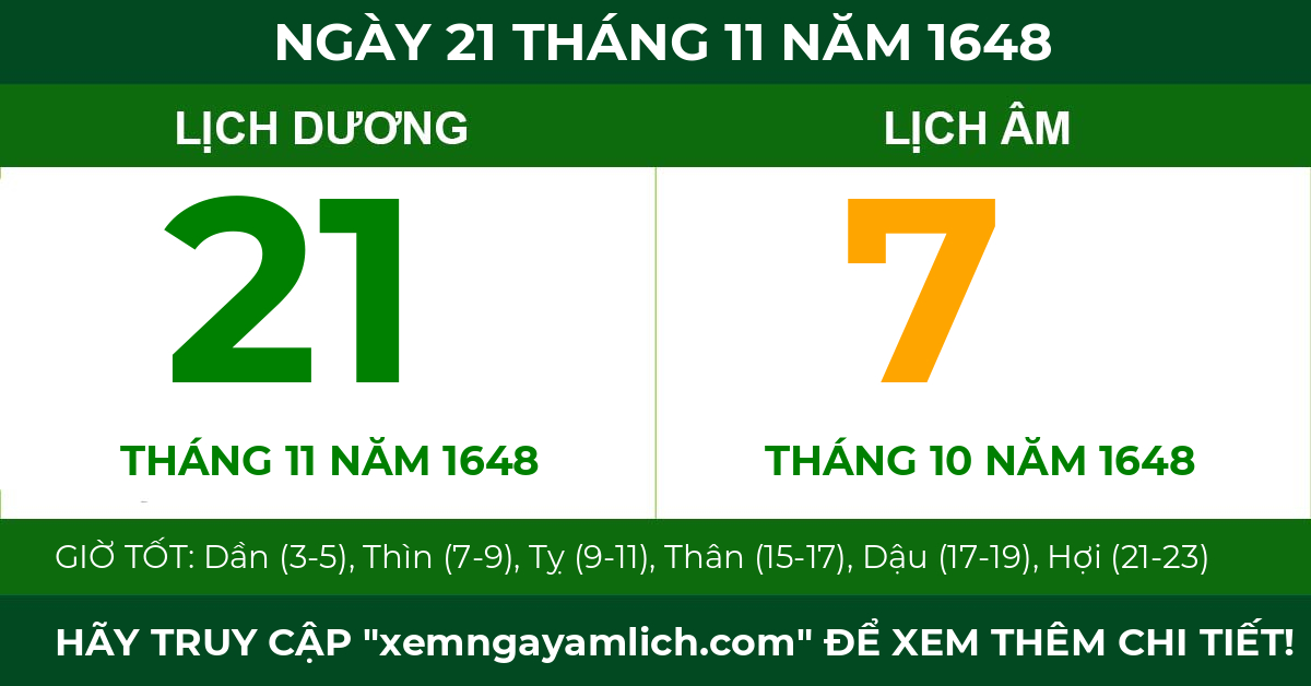 lịch âm ngày 21 tháng 11 năm 1648