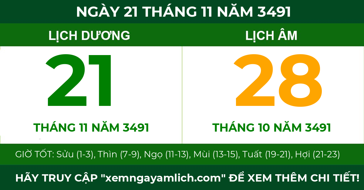 lịch âm ngày 21 tháng 11 năm 3491