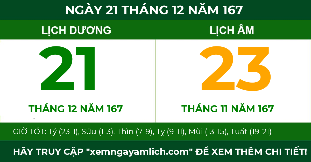 lịch âm ngày 21 tháng 12 năm 167