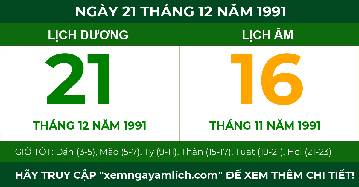 lịch âm ngày 21 tháng 12 năm 1991