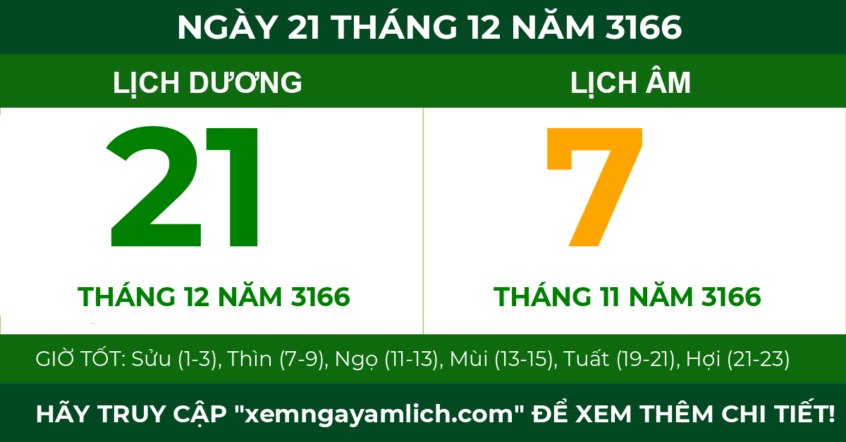 lịch âm ngày 21 tháng 12 năm 3166