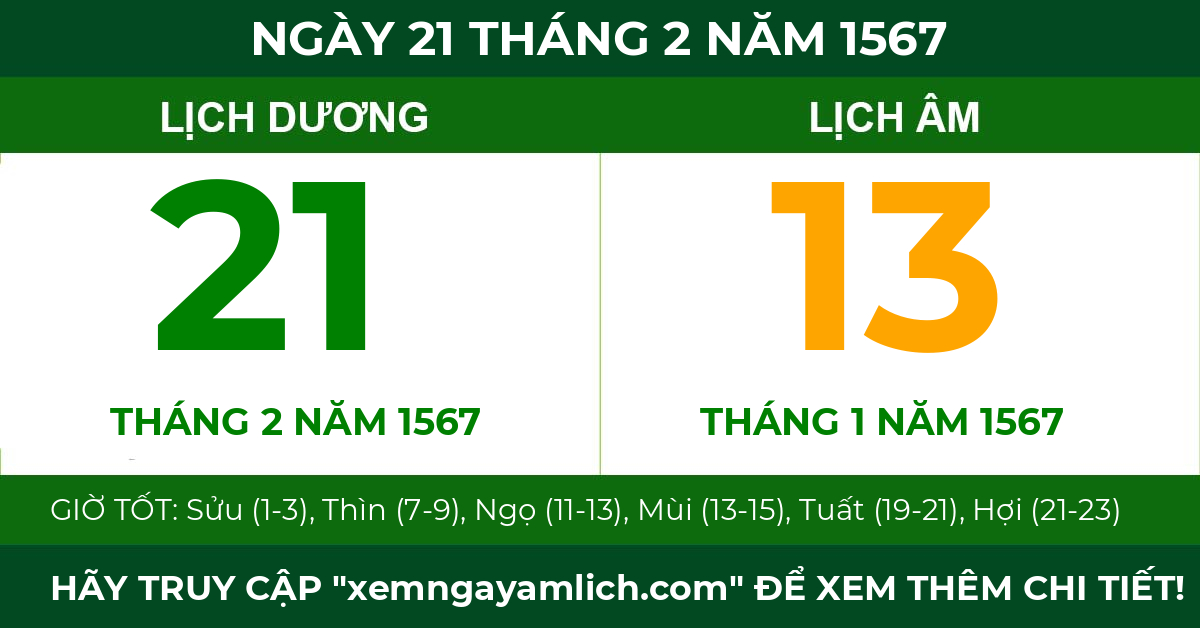 lịch âm ngày 21 tháng 2 năm 1567