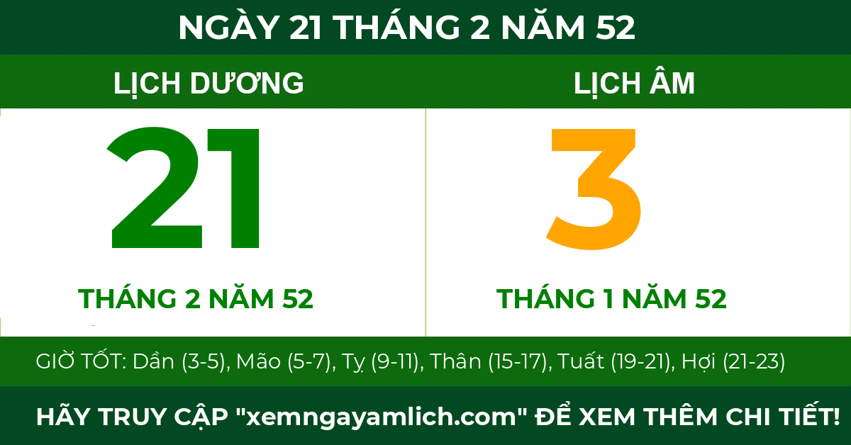 lịch âm ngày 21 tháng 2 năm 52