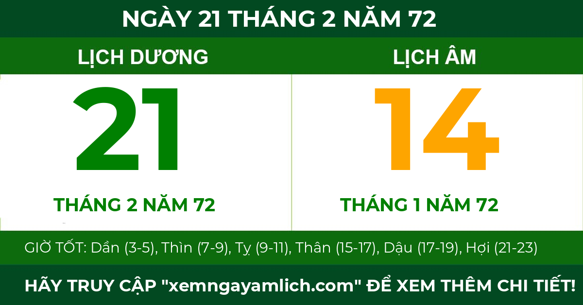 lịch âm ngày 21 tháng 2 năm 72