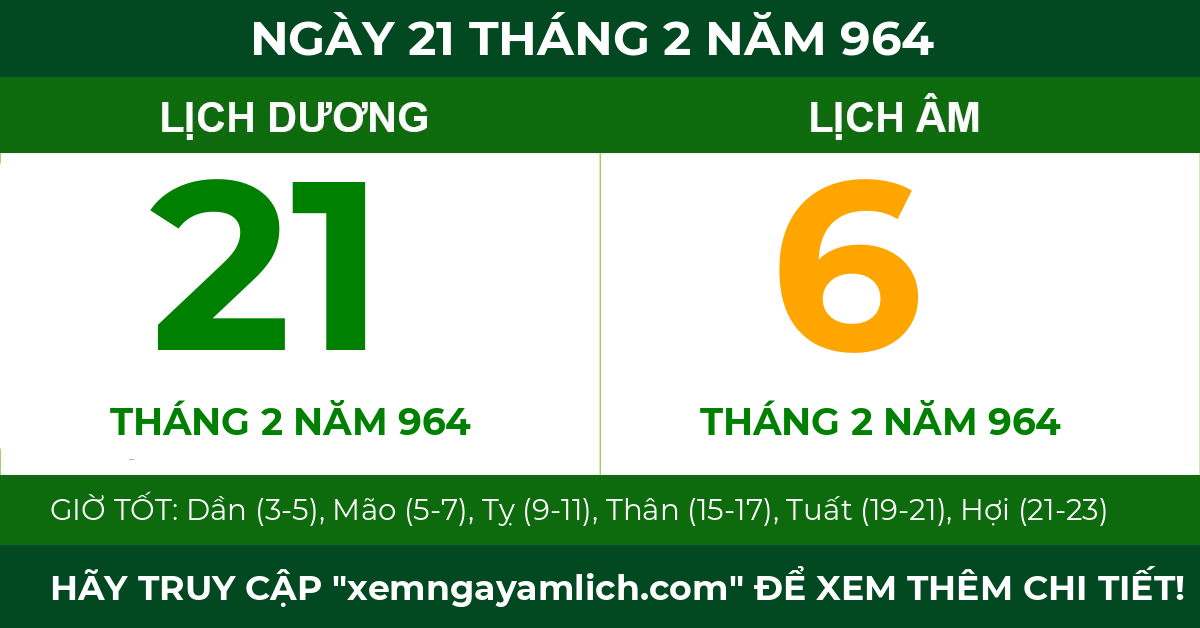lịch âm ngày 21 tháng 2 năm 964
