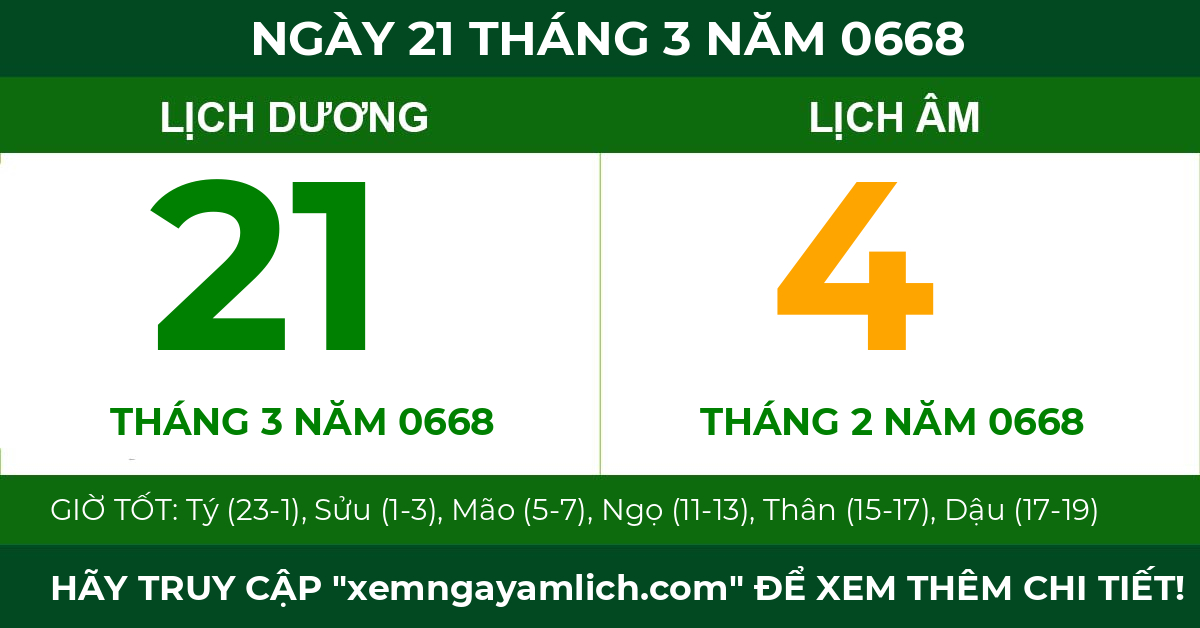 lịch âm ngày 21 tháng 3 năm 0668
