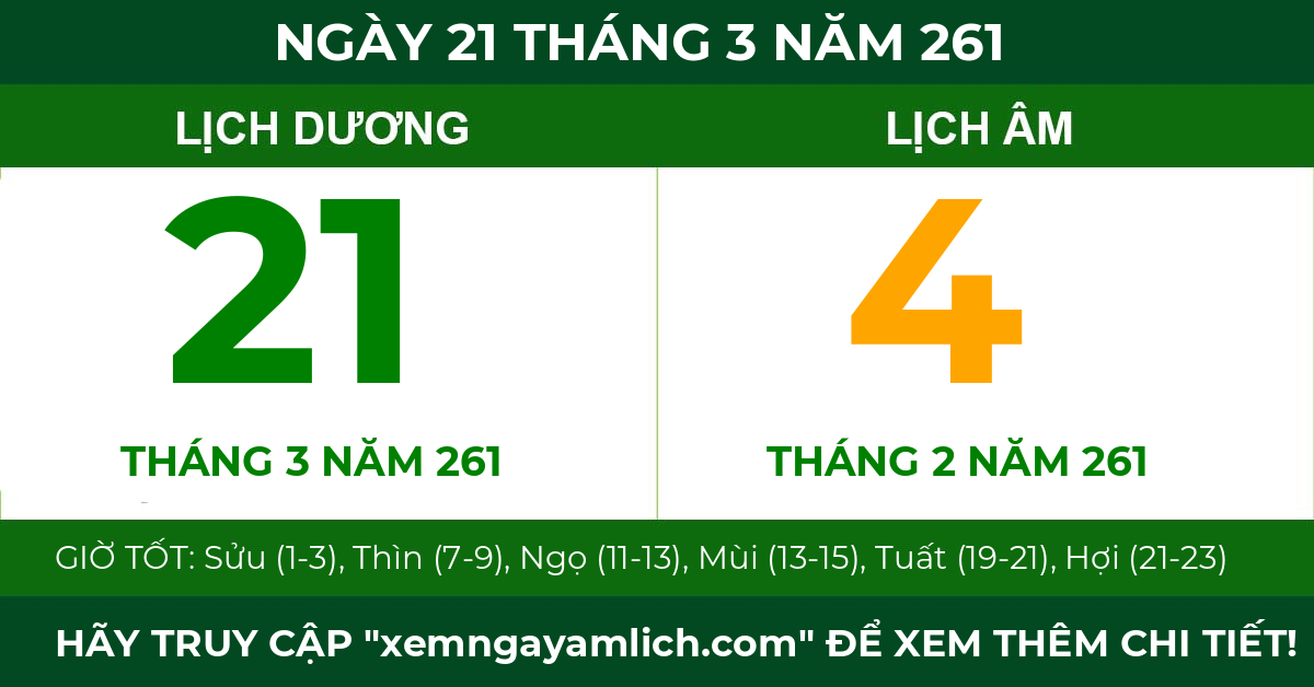 lịch âm ngày 21 tháng 3 năm 261