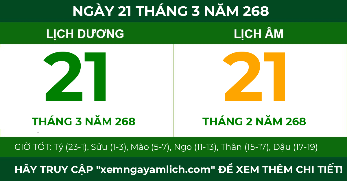 lịch âm ngày 21 tháng 3 năm 268