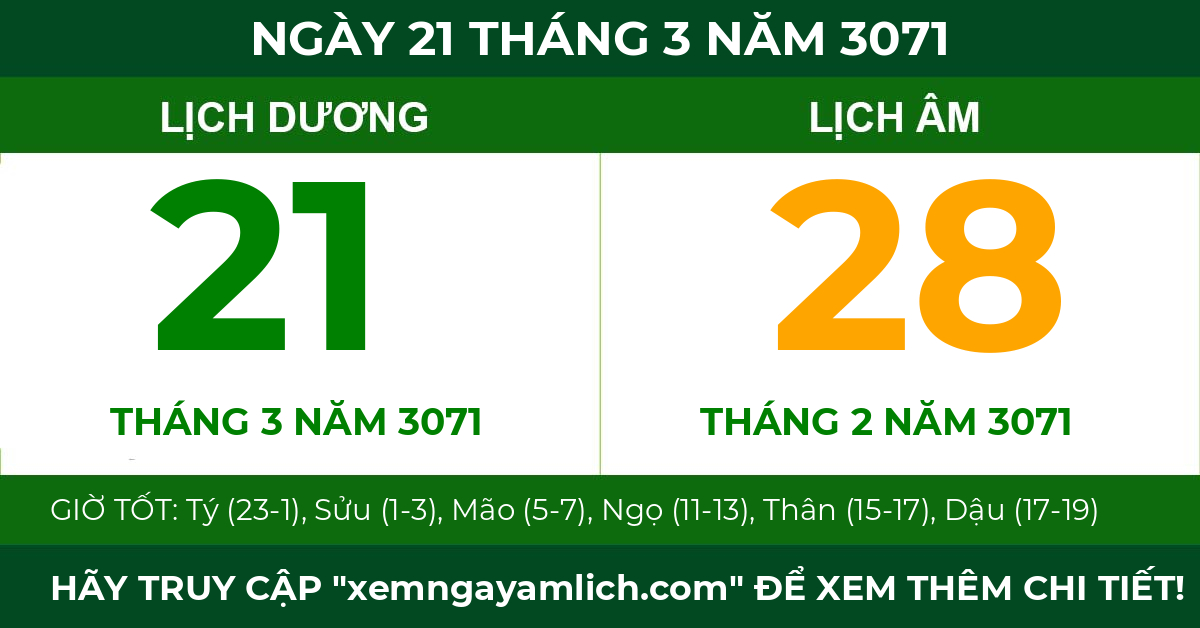 lịch âm ngày 21 tháng 3 năm 3071