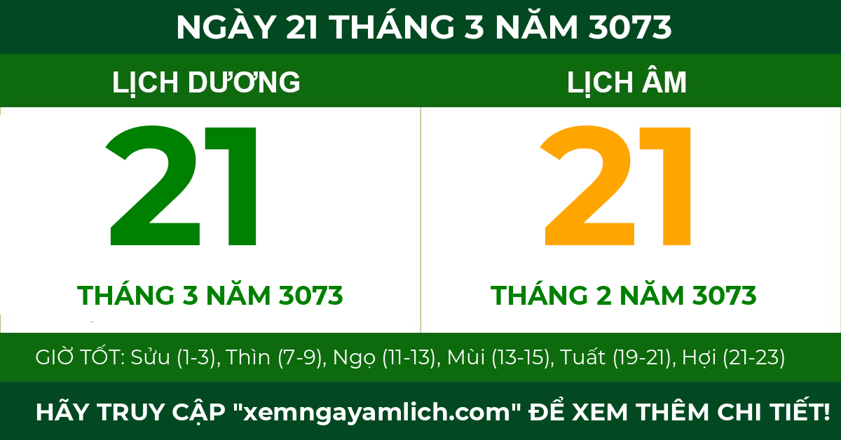 lịch âm ngày 21 tháng 3 năm 3073